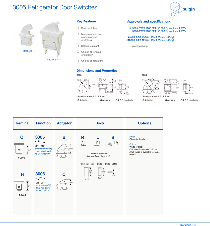 冰箱門開關3005系列選型 冰箱門開關3005系列選型